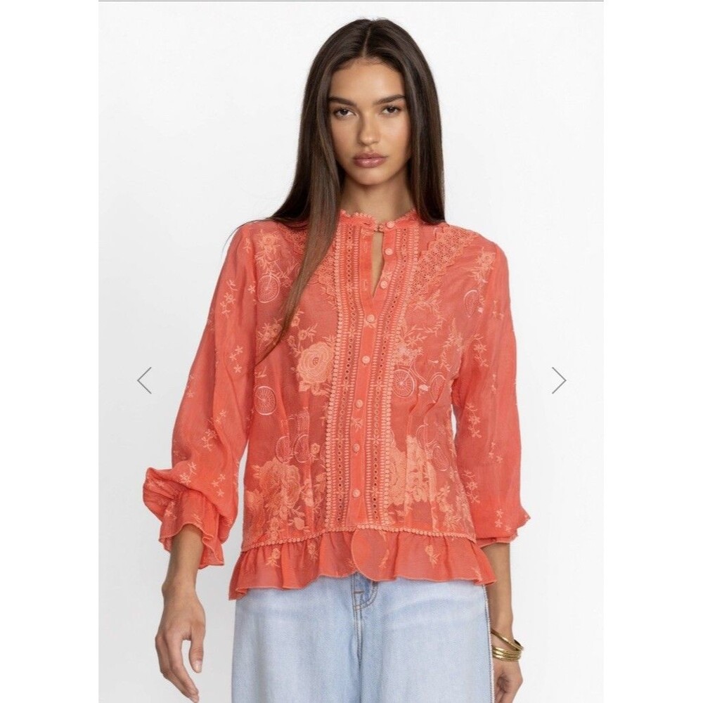 Johnny Was Serene Ryder Women's Blouse Floral Embroidered, Size XL, Orange